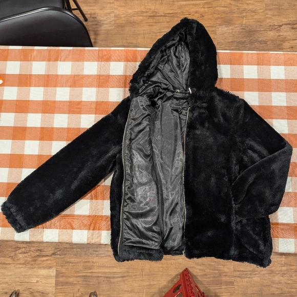 Jou Jou solid black plush faux fur oversized fit hooded coat - Picture 7 of 9